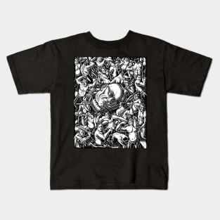 The Giant Head of Philosopher Michel Foucault amidst a scene of Whipping and Flagellation Kids T-Shirt